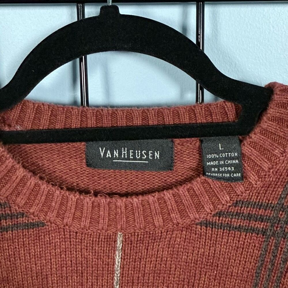 Vintage Van Heusen Knit Sweater Mens L Orange Plaid Dad Eclectic Grandpa 90s - Picture 3 of 7
